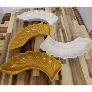 4 LANE‎ CO White & Yellow Leaf Dishes  Van Nuys California Pottery USA 1960s EUC